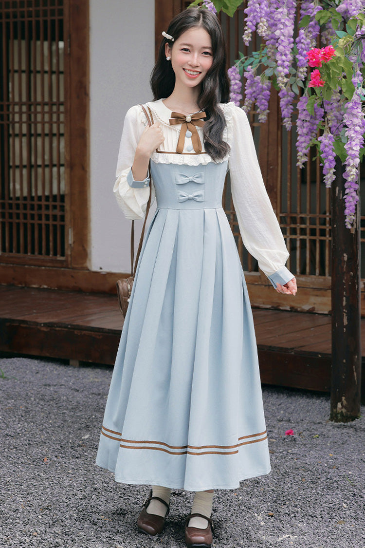 Hellblaues, zweiteiliges, süßes, süßes Lolita-Kleid im College-Stil mit Reverskragen, langen Ärmeln und Schleife