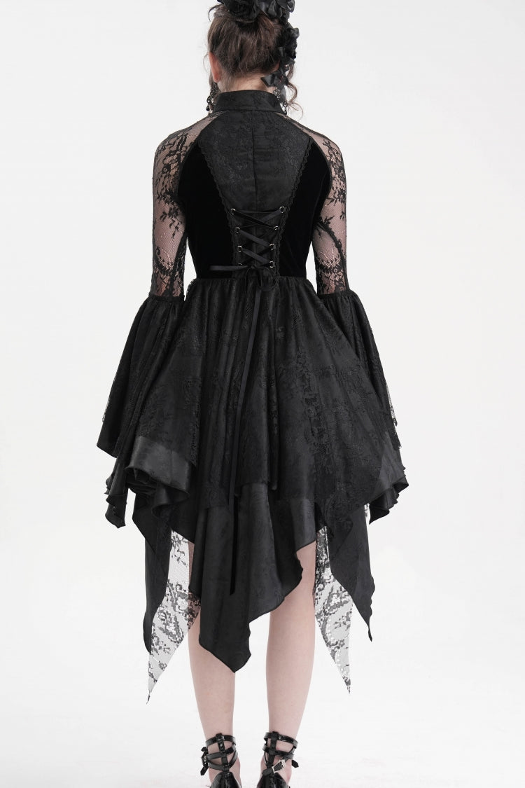 Schwarzes Gothic-Kleid mit langen Ärmeln, Stickerei, Spitze, Schnürung, unregelmäßigem transparentem Netzstoff für Damen