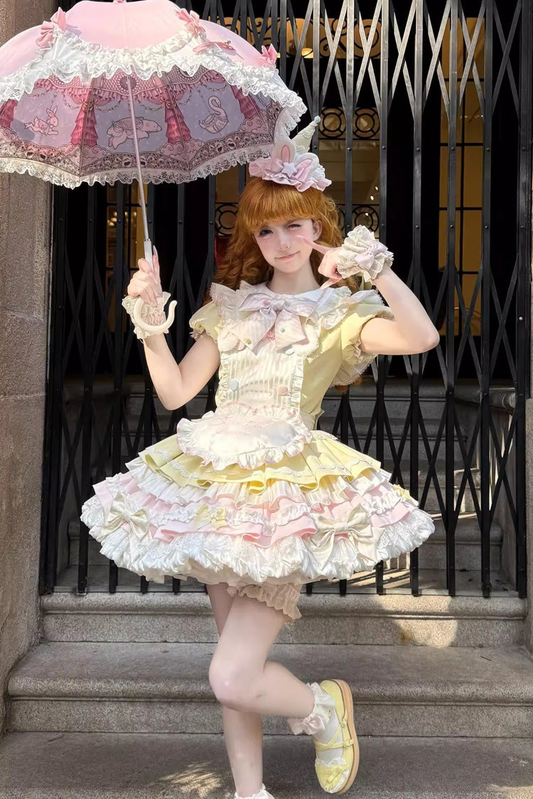 Yellow/Pink [Sweet Bunny Chef] Short Sleeves Multi-Layered Ruffle Bowknot Sweet Lolita Dress
