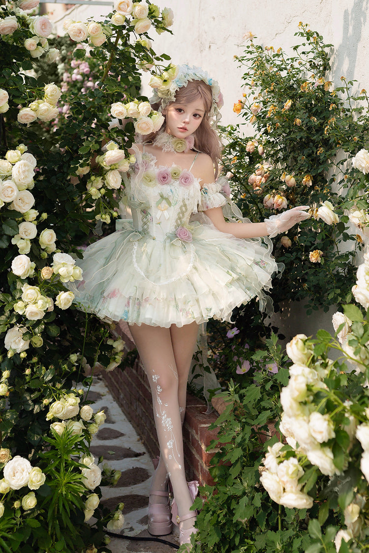 Green [Spring Rose] Sleeveless Multi-Layered Bowknot Lace-Up Fishbone Sweet Lolita Jsk Dress