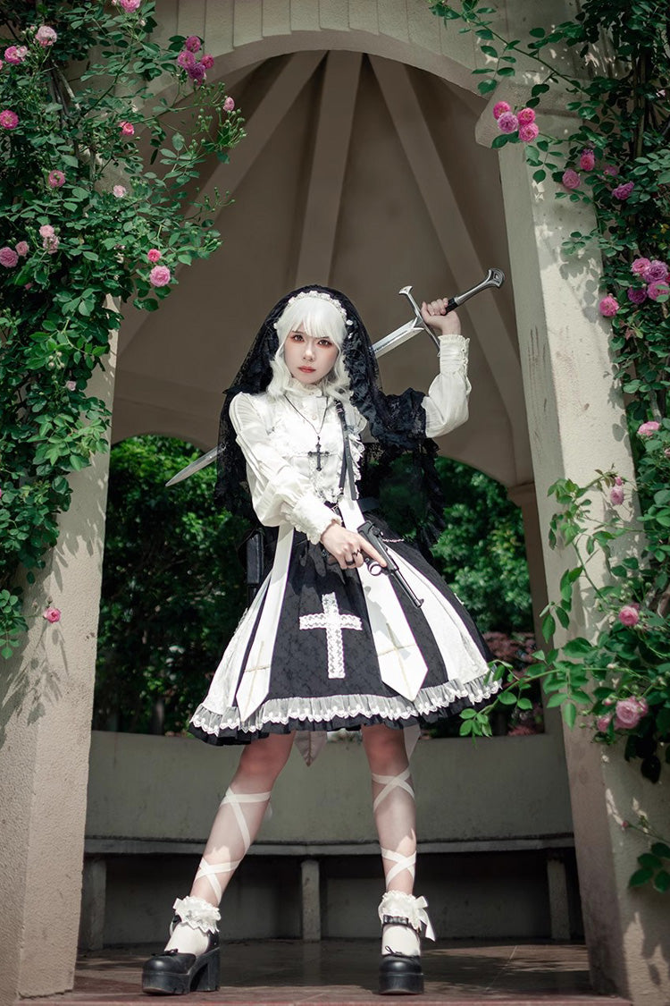 Black Paradise Cross Print Ruffle Sleeveless Gothic Lolita Dress