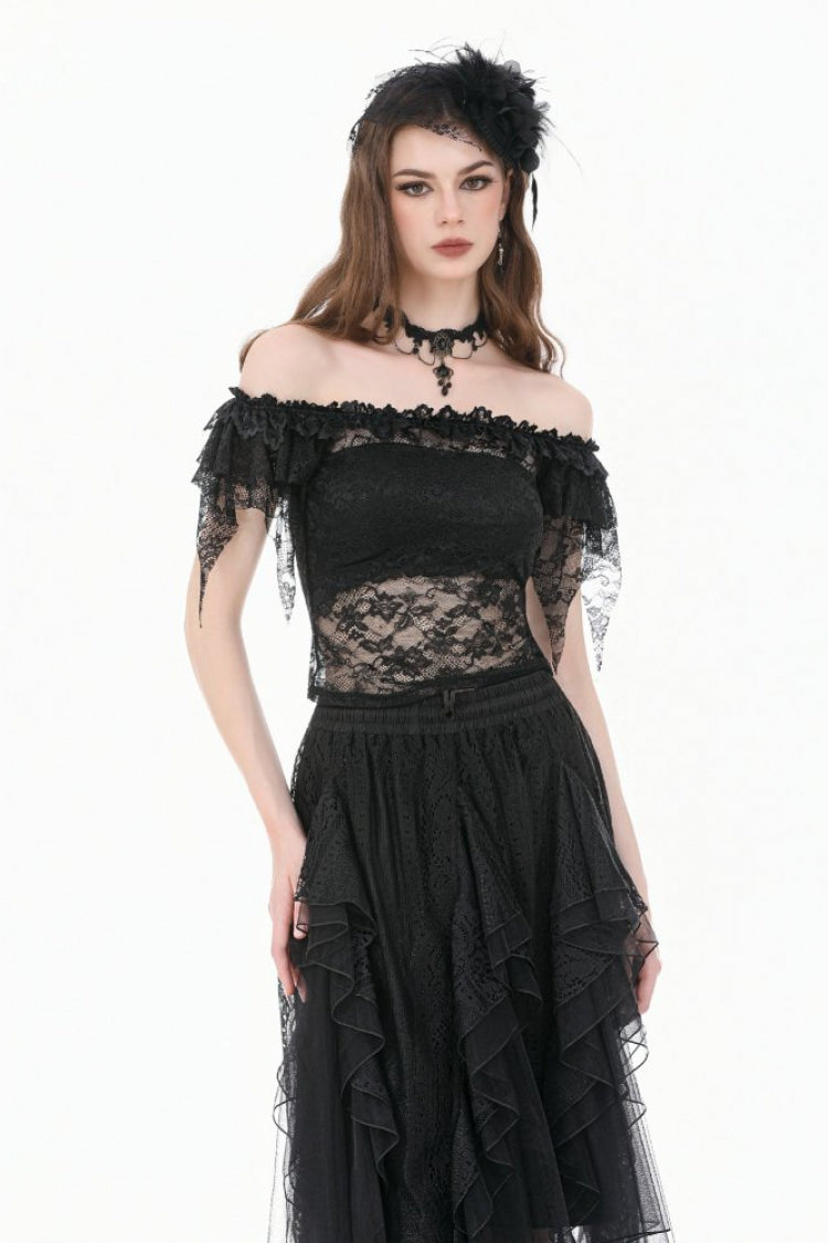 Schwarzes schulterfreies Damen-Gothic-Top mit Blumenmuster und transparenter Spitze