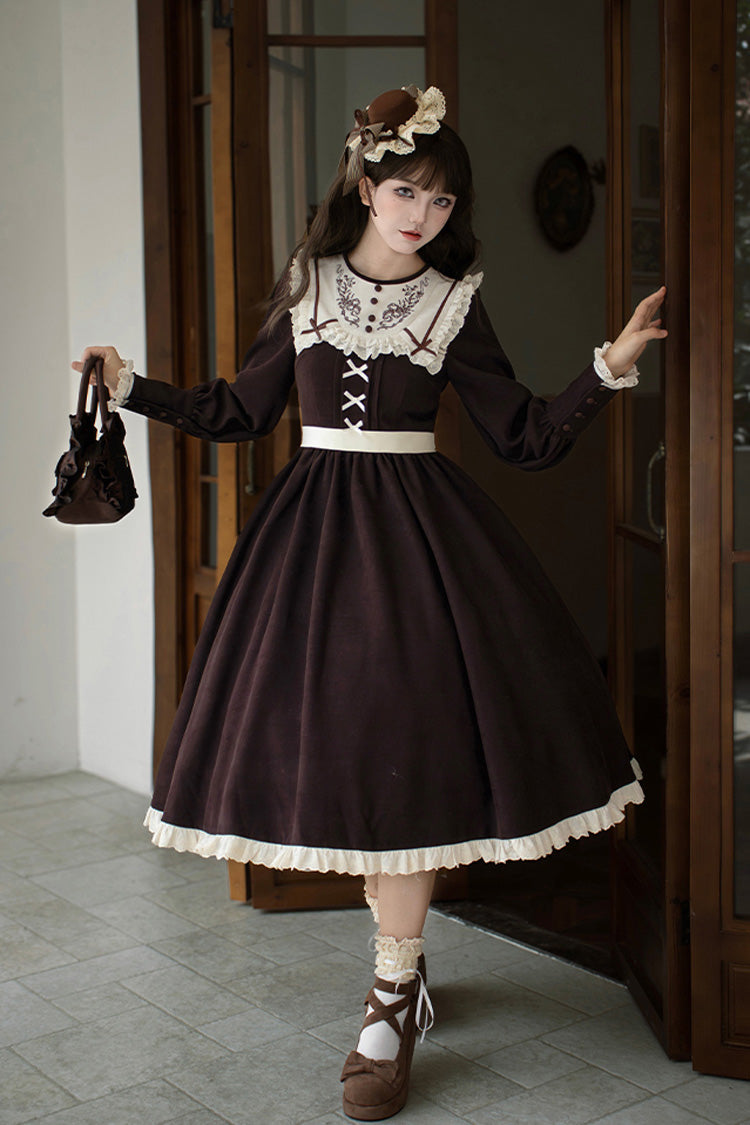 Brown [Miss Brown] Long Sleeves Ruffle Bouquet Embroidery Sweet Lolita Dress (Long Version)