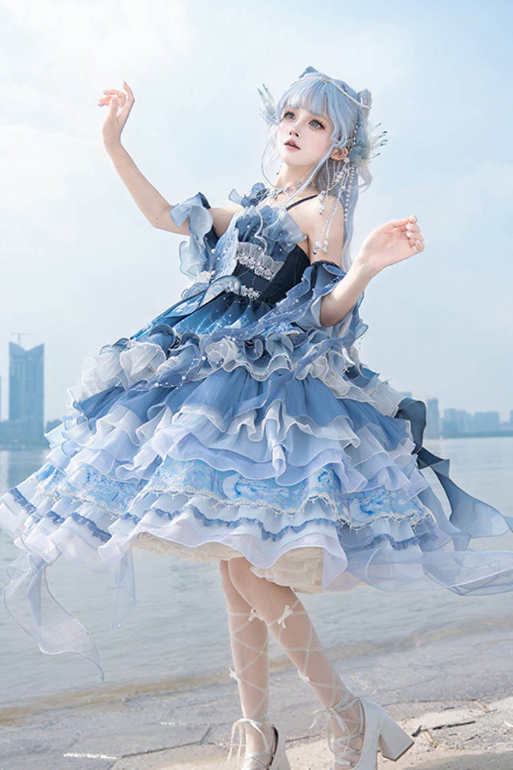 Blue [Jellyfish] Gradient Print Ruffle Embroidery Bowknot Lace Asymmetric Sweet Elegant Lolita Jsk Dress