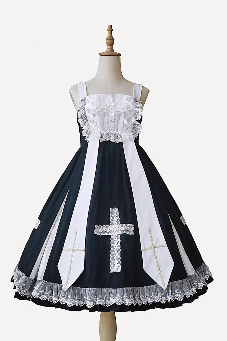 Black Paradise Cross Print Ruffle Sleeveless Gothic Lolita Dress