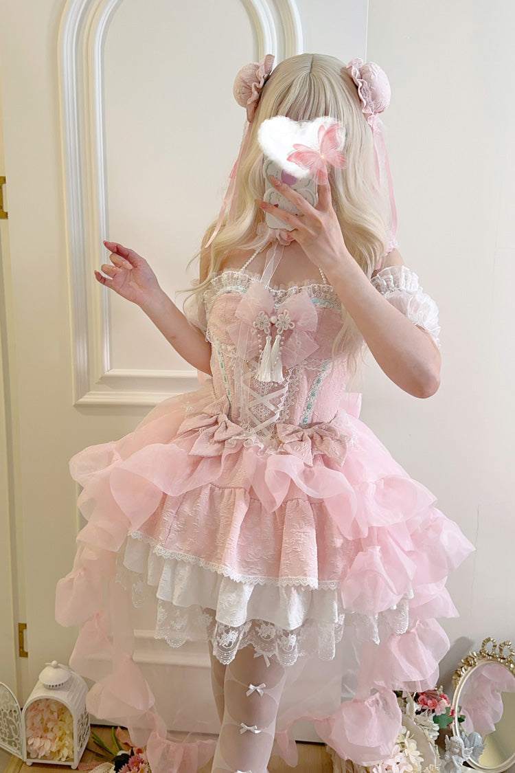 Pink [Rain and Flowers] Halterneck Jacquard Ruffle Bowknot Lace Sweet Lolita Jsk Dress