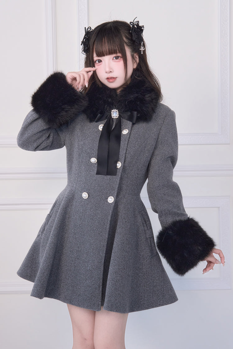 Grey Double-Breasted Long Sleeves Bowknot Japanese Sweet Lolita Coat