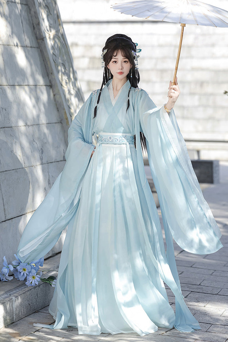 [Frühlingsharmonie] Lange Trompetenärmel, besticktes, chinesisch inspiriertes Hanfu-Kleiderset, 2 Farben