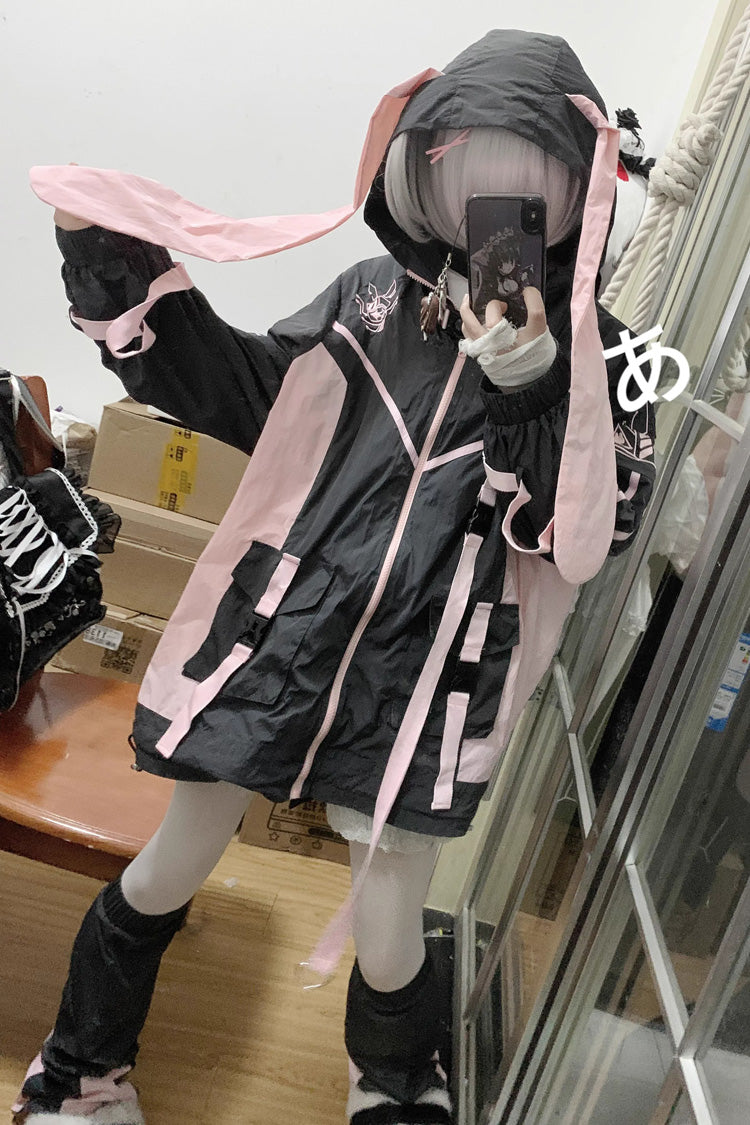 Black/Pink Chip Hacker Cyberpunk Functional Print Hooded Jirai Kei Japanese Sports Coat