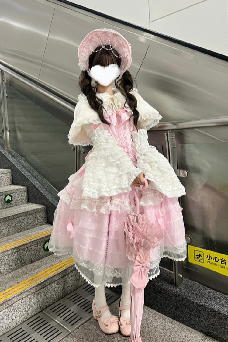 [Showa Girl] Ärmelloses dreilagiges Rüschen-Schleifen-Lace-Perlen-Süßes Japanisches Lolita Jsk Langkleid in 2 Farben 