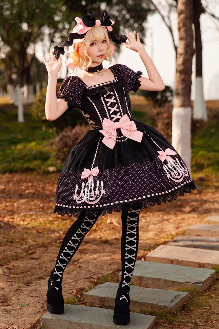 Robe Lolita imprimée lustre, manches courtes, nœud à lacets, décorée de perles, 4 couleurs
