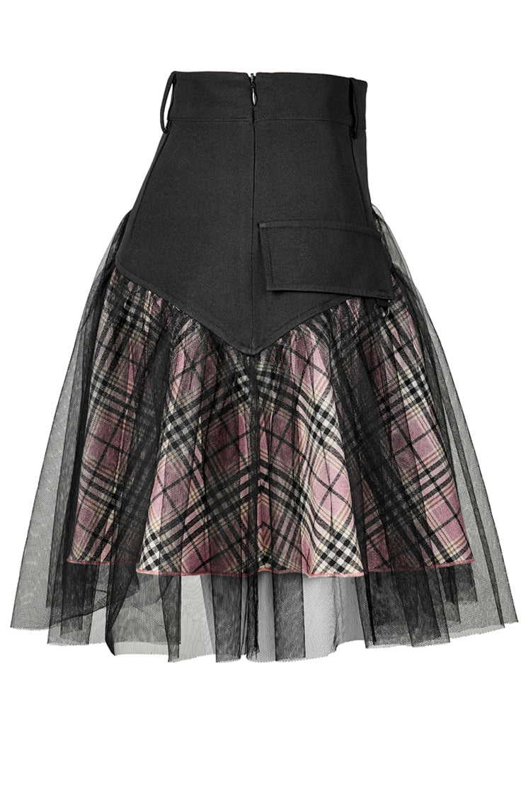 Pink/Black Cotton Splicing Mesh Sweet Plaid Personalized Pocket Decoration Waist Punk Women's Short Skirt