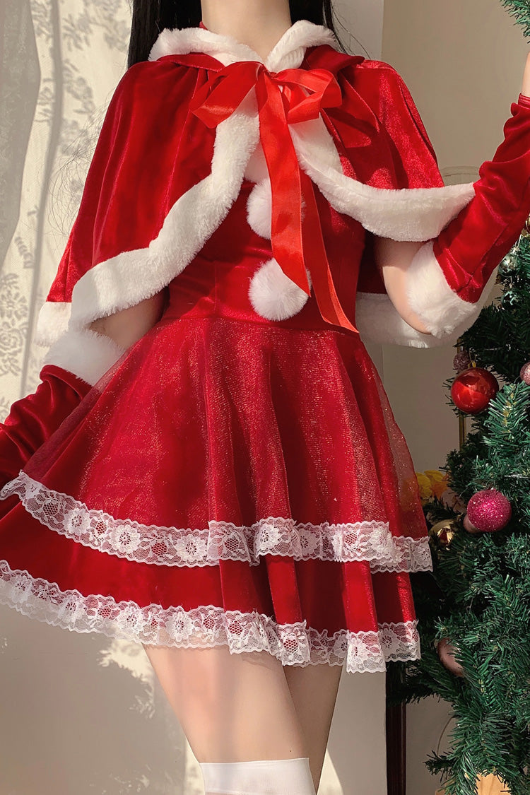 レッド [クリスマスと新年] 二重フリル蝶結びレース スウィート 日本のロリータ ストラップレス ドレス