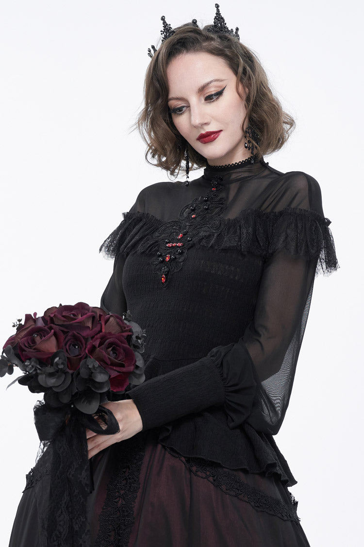 Schwarzes, sexy Rollkragen-Spitzen-Panel aus Netzstoff mit Laternenärmeln im Retro-Look für Damen im Gothic-Stil