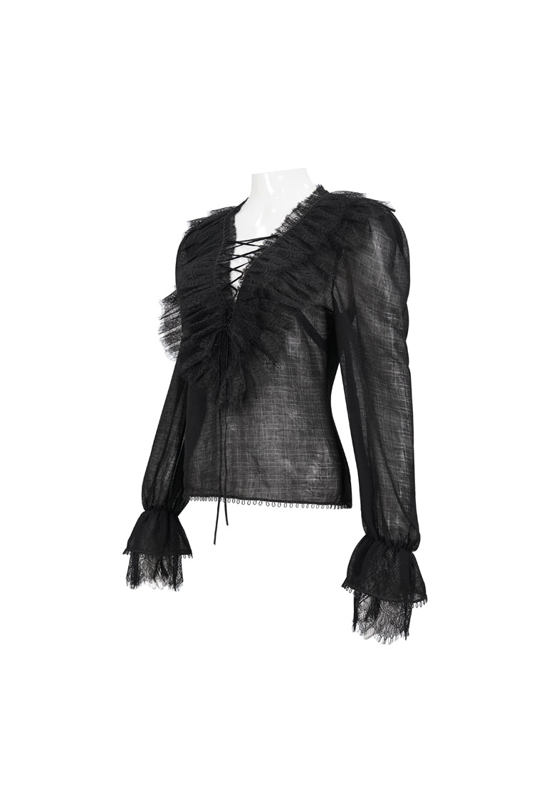 Black Thin Waist Plaid Stitching Layered Lace Long Sleeves Women's Gothic Shirt
