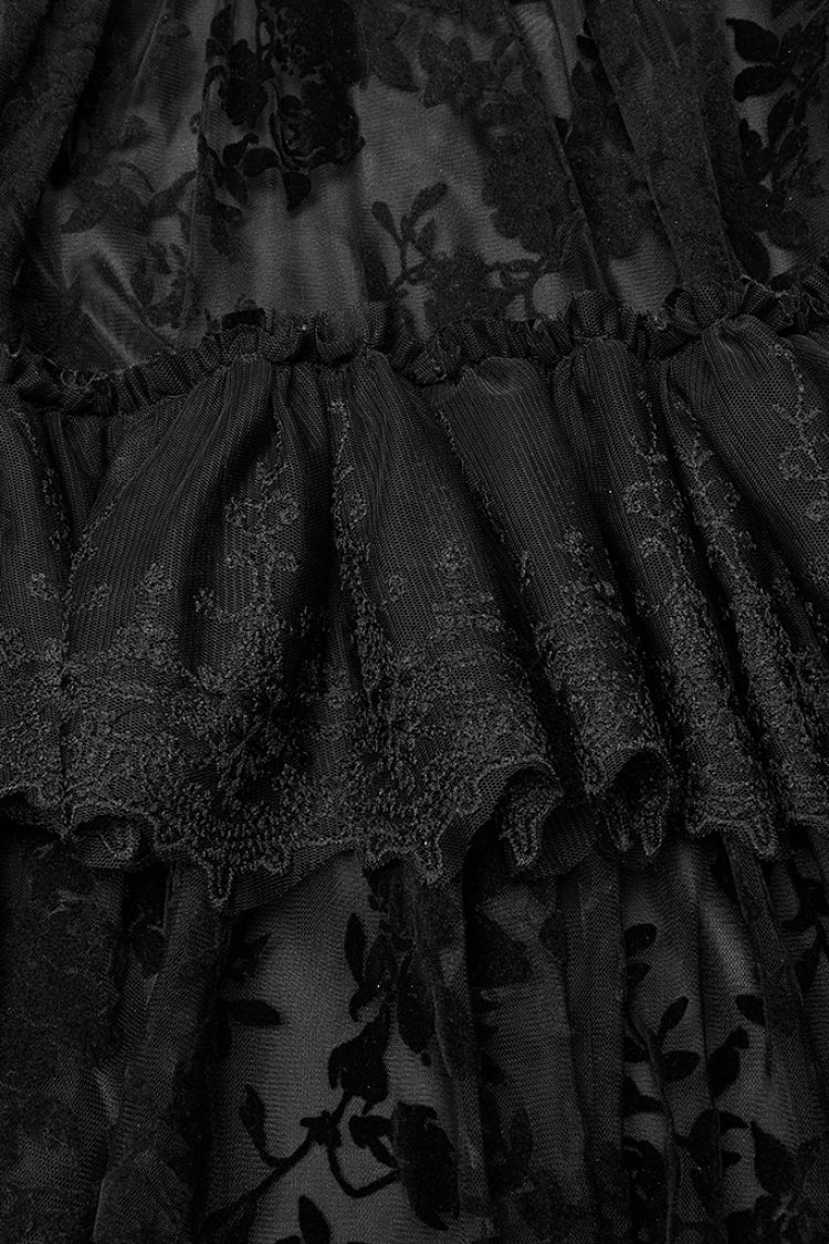 ショートパフスリーブプリントフリルレースレディースゴシックドレス2色