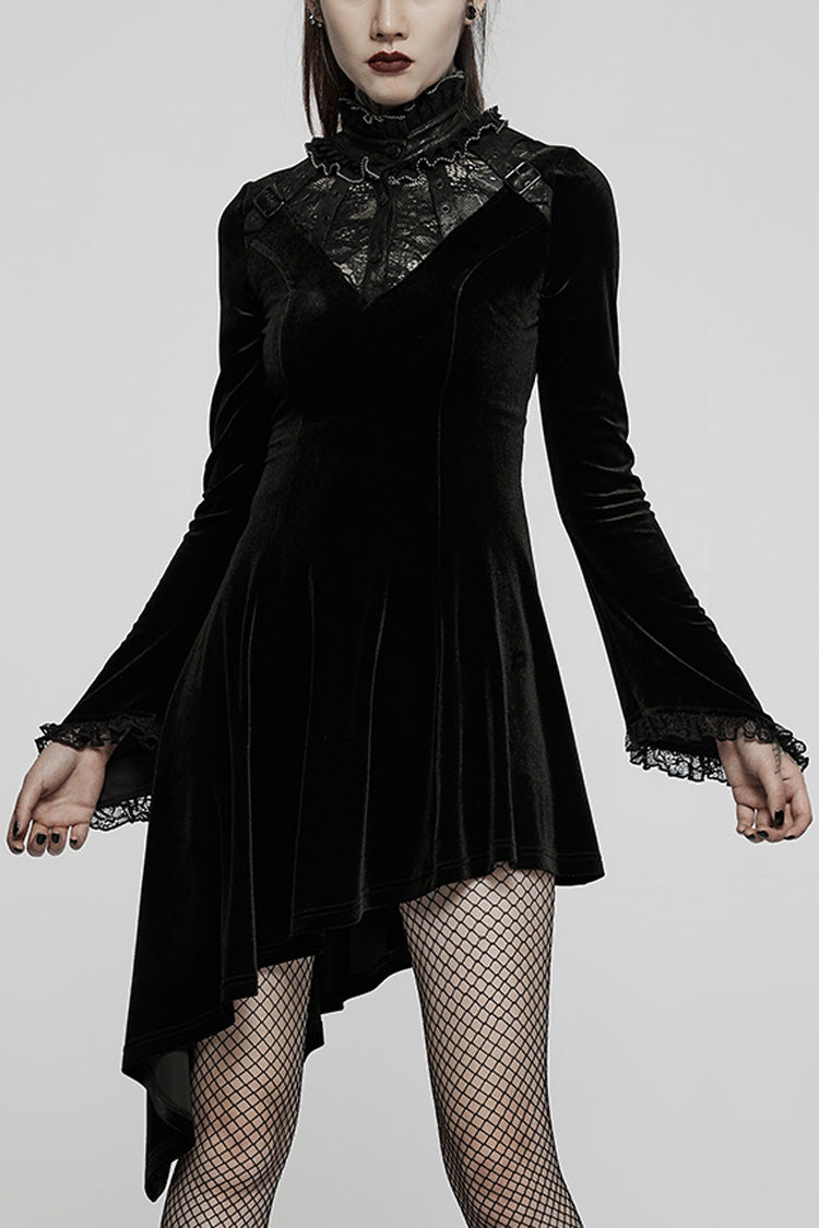 Long Trumpet Sleeves Stitching Lace Irregular Asymmetric Women's Gothic Dress 2 Colors