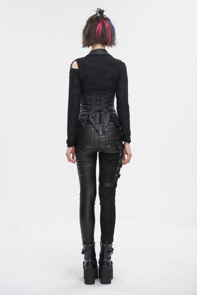 Black Irregular Lace Up Women's Gothic Vest With Detachable Collar