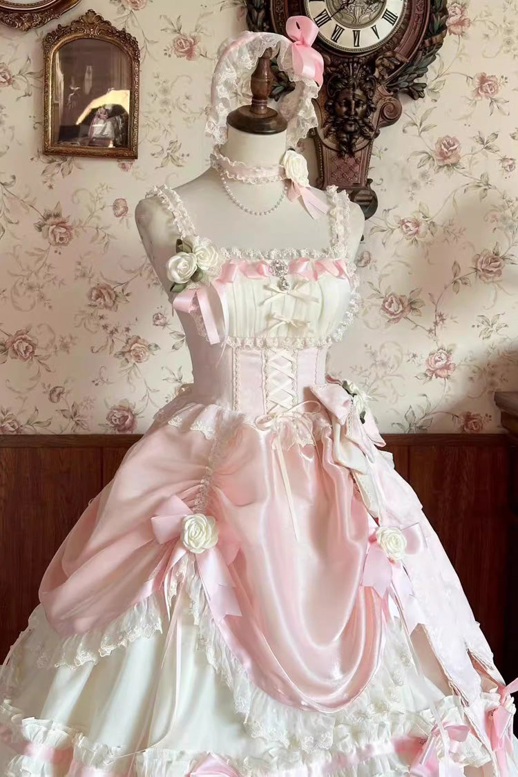 Aprikose/Rosa mehrlagiges Hanayome-Schleifenkleid mit Rüschen, süßem Prinzessinnen-Outfit, wunderschönem langen Lolita-JSK-Kleid