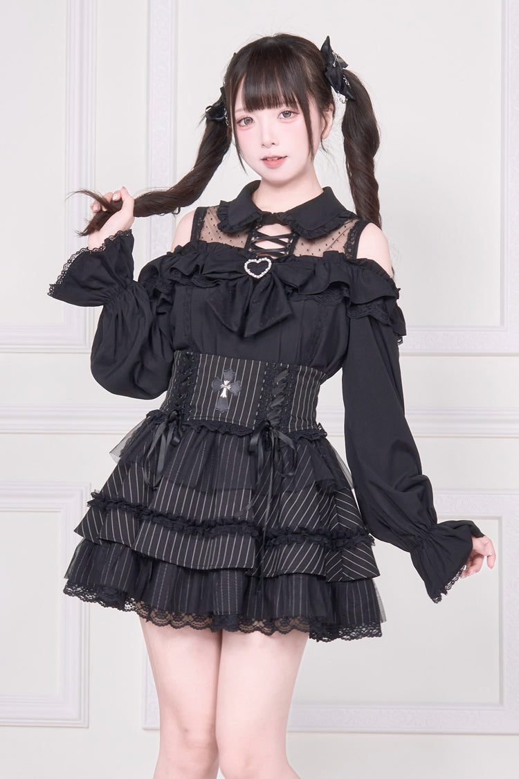 Jirai Kei Off Shoulder Long Sleeves Print Bowknot Lace-Up Sweet Japanese Blouse 3 Colors