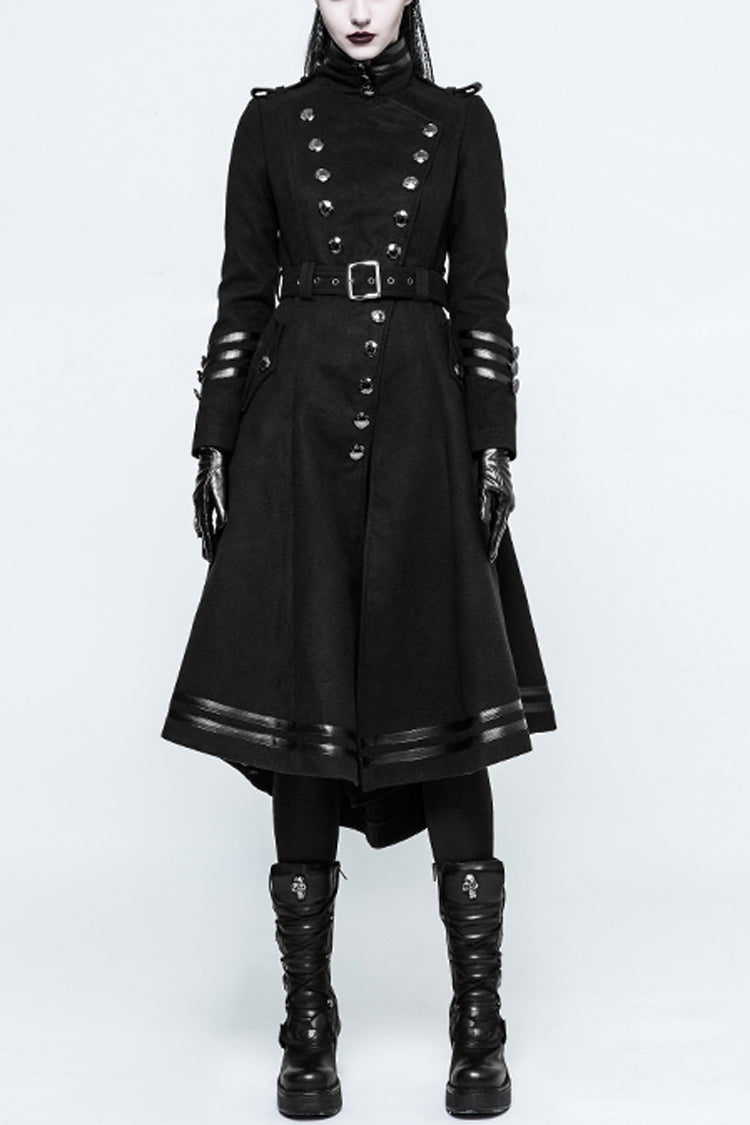 Black Military Uniform Double Breasted Womens Long Gothic Coat With Belt