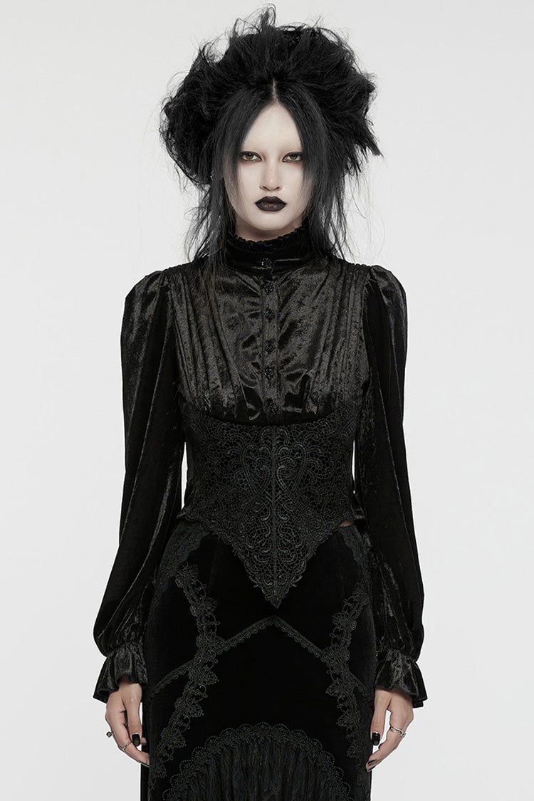 Black Stand Collar Irregular Pleated Velvet Women's Gothic Blouse