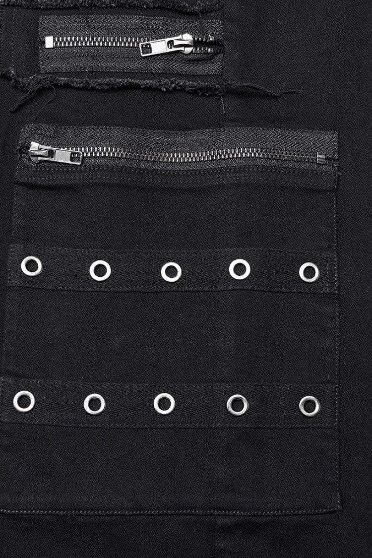 Black Women's Punk Cross Patch Big-pocket Denim Pants