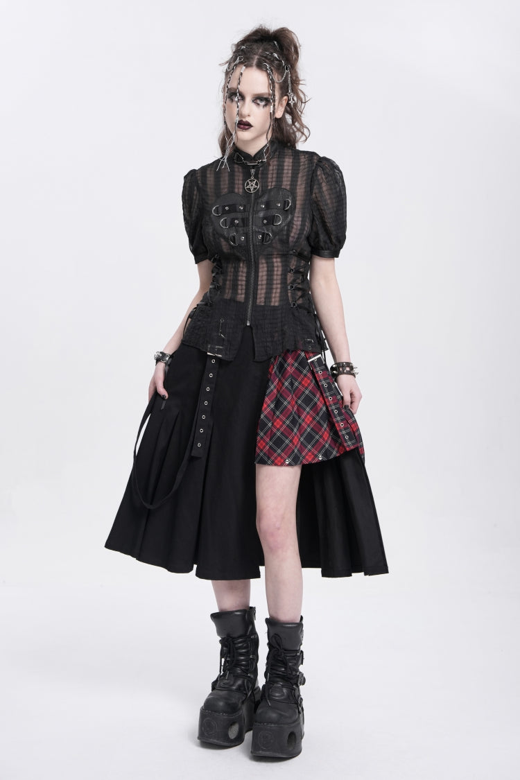 Black Stand Collar Short Puff Sleeves Sheer Mesh Women's Gothic Blouse