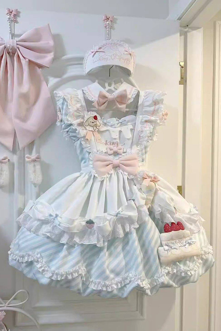 [Puppy Pastry Chef] Reverskragen, bedruckt, gerüscht, bestickt, Schleife, Spitze, asymmetrisch, süßes Lolita-Kleid, 3 Farben (Gelb, Blau, Rosa)