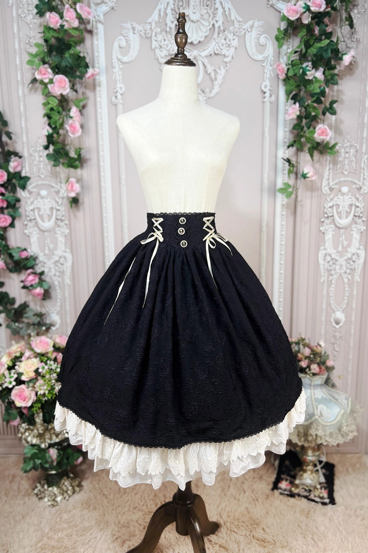 Black [Heart of Rose] High Waisted Ruffle Embroidery Lace-Up Sweet Vintage Elegant Palace Lolita Skirt