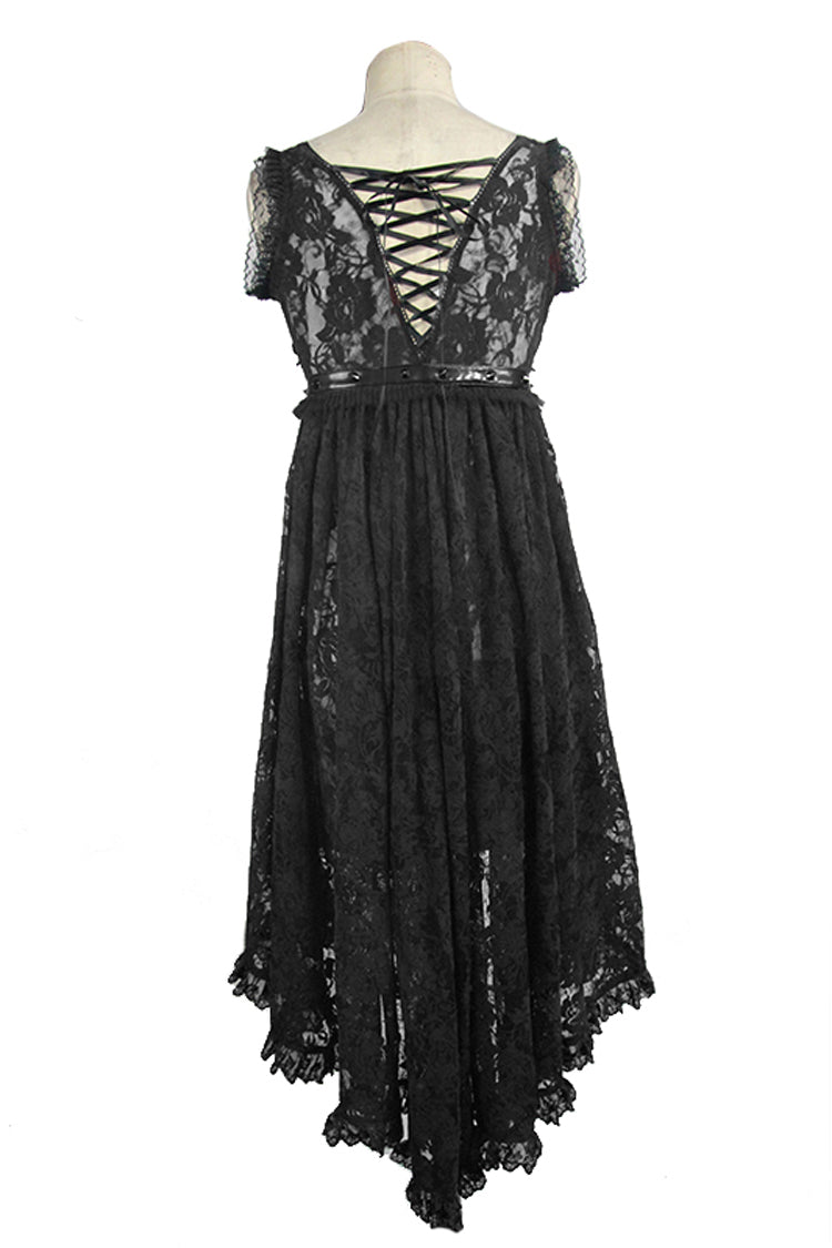 Schwarzes Gothic-T-Shirt mit Knoten in der Taille, Schnürung am Rücken und Rüschensaum, ärmellos, Rosenspitze, Netzstoff für Damen