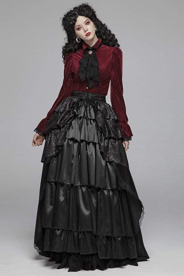 Gestreifte Samt-Metall-Retro-Knopf-Spitze-Manschette hinten Taille Schnürung Damen Gothic Bluse