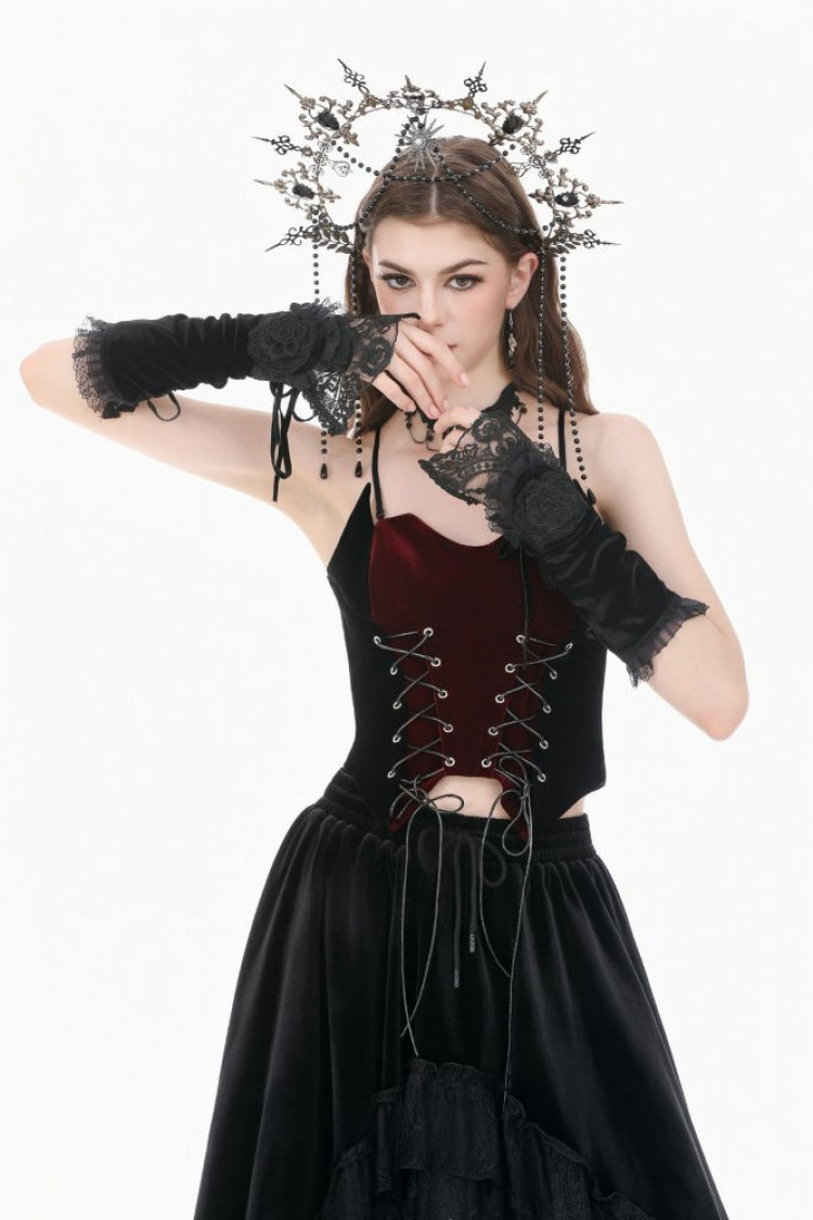 Black Women's Gothic Embroidered Roses Lace Lace-Up Arm Sleeves