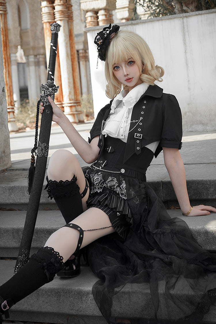 Black Lapel Collar Short Sleeves Lace Prince Ouji Lolita Three-piece Set