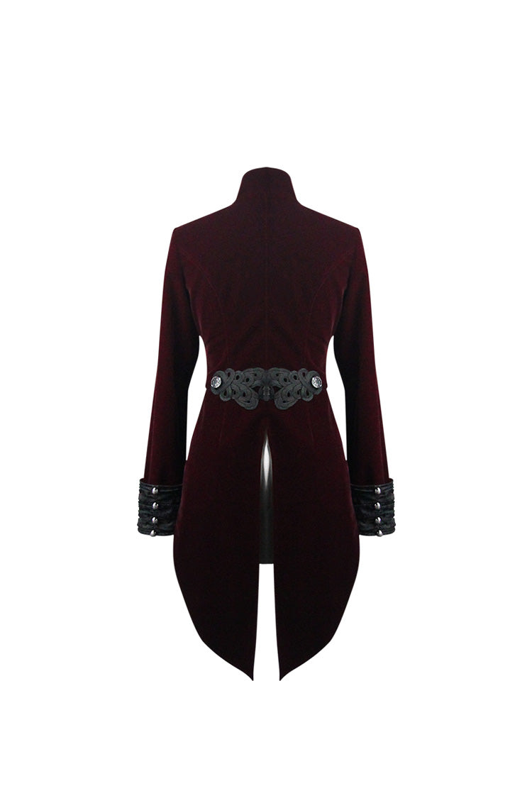 Red/Black Jacquard Lapel Embroidered Metal Nail Velveteen Swallowtail Women's Gothic Coat