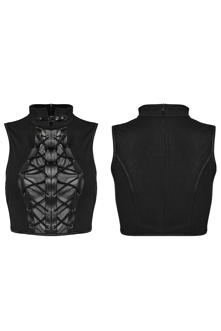 Schwarzes, ärmelloses, genähtes, zerrissenes Punk-Tanktop für Damen mit Stehkragen und Schnürung