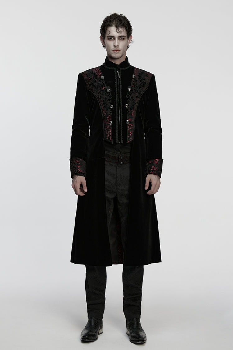 Black/Red Stand Collar Long Sleeves Floral Jacquard Bouble-breasted Zipper Men's Gothic Coat