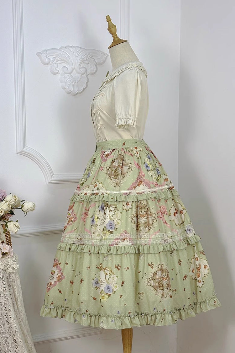 Jupe Lolita douce quotidienne à volants imprimée [Chat Rose Thé] verte 