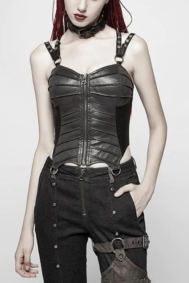 Black Faux Leather Strap Back Print Lace-Up Womens Steampunk Short Corset