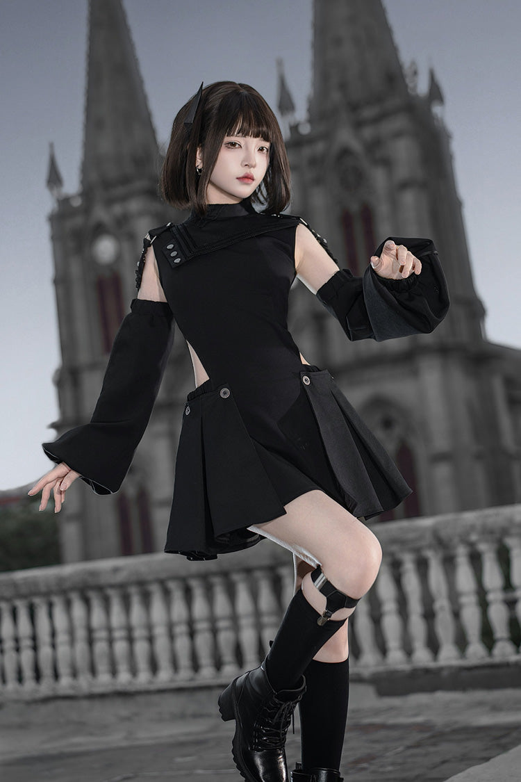 ブラック【リザーブタクティクス】フリルカットアシンメトリーゴスロリドレスセット
