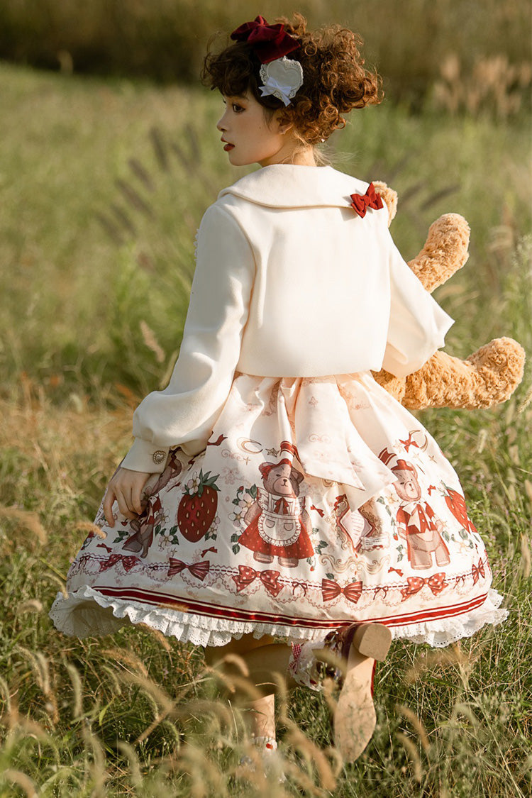Ivory/Red Strawberry Bear Print Ruffle Bowknot Sweet Princess Lolita Jsk Dress