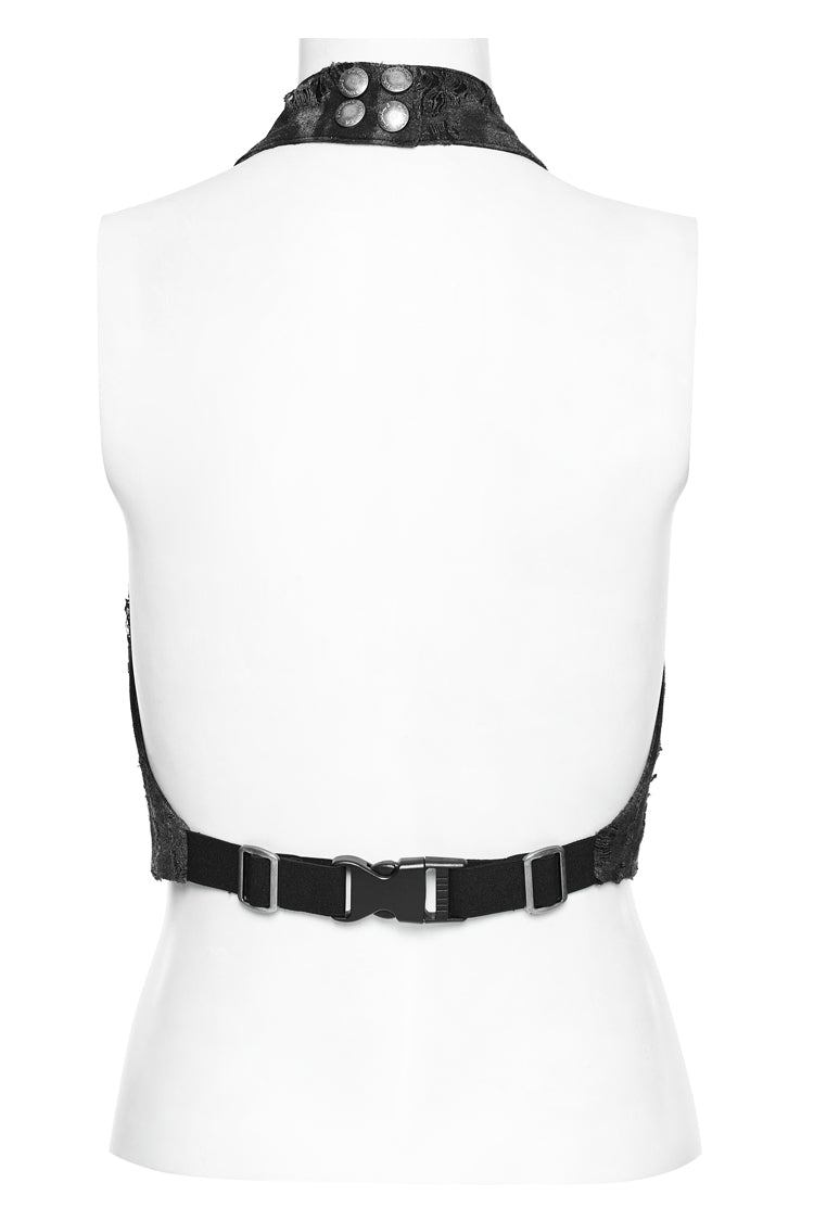 Graue ärmellose Steampunk-Weste für Damen mit Schnürung und Neckholder und spitzem Saum