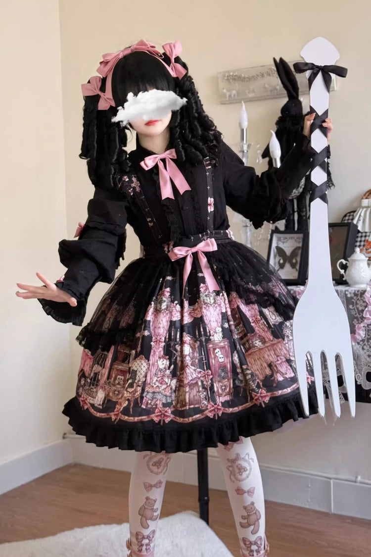 Black [The Case of the Missing Lamb] Print Ruffle Bowknot Lace Gothic Lolita SK Skirt