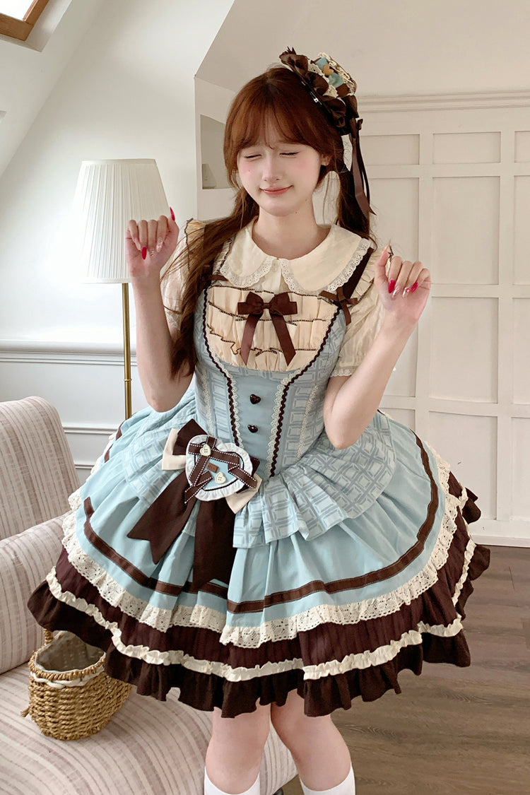 Green/Brown [Mint Chocolate] Sleeveless Triple-Layered Ruffle Bowknot Sweet Lolita Jsk Dress