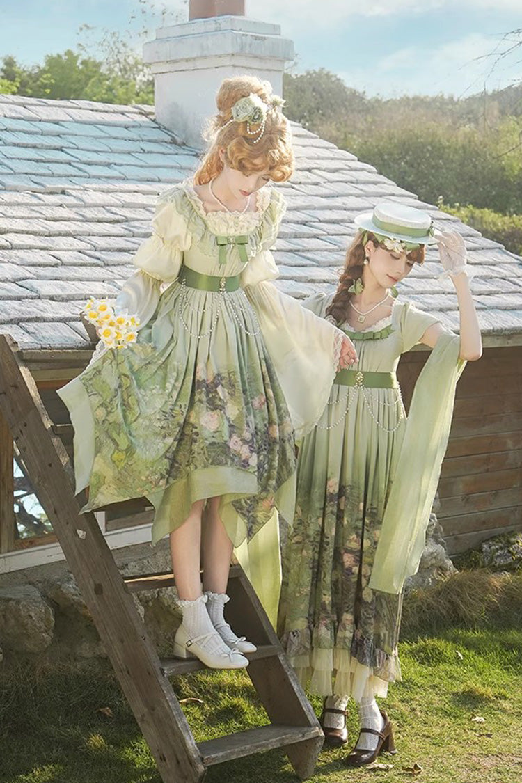 Green [Blooming Roses] Print Oil Painting Chiffon Ruffle Bowknot Irregular Sweet Lolita Jsk Dress