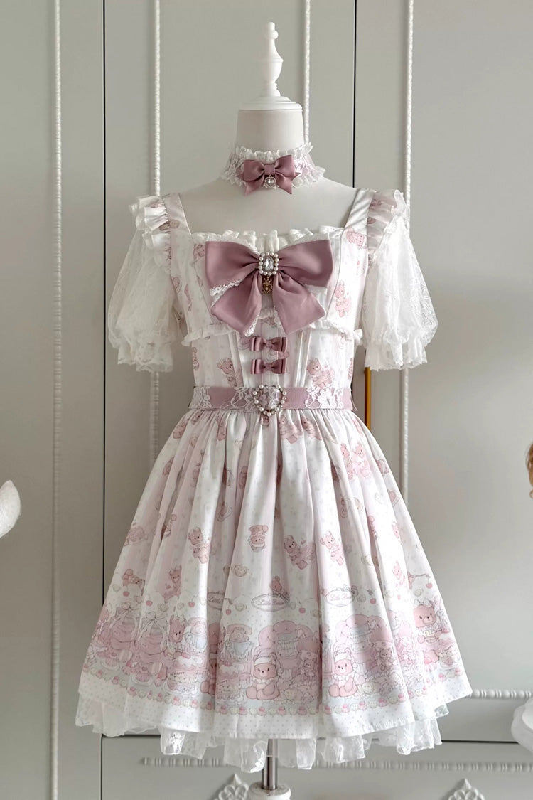 Pink [Teddy Bear Party] Square Collar Short Sleeves Printed Ruffled Bow Lace Sweet Jirai Kei Japanese Dress