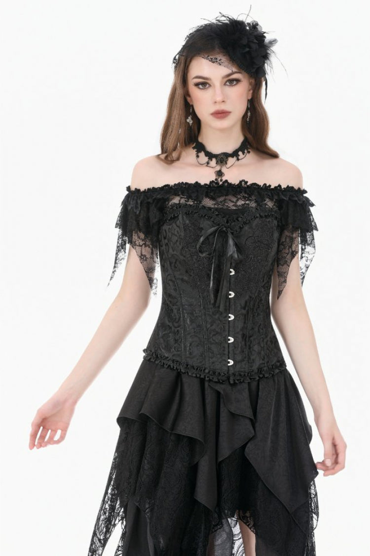 Black Jacquard Ruffled Lace Lace-Up Women's Gothic Overbust Corset