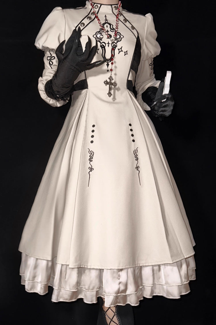 White Long Sleeves Multi-layer Moon Talisman Print Ruffle Gothic Lolita Dress