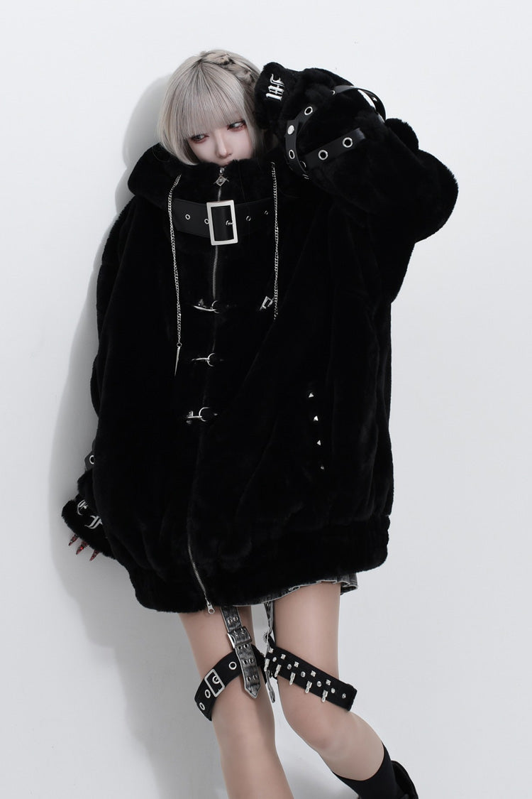Jirai Kei Long Sleeves Hooded Zipper Punk Japanese Coat With Cross Leather Buckles 2 Colors