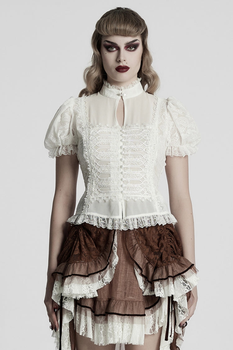 White Stand Collar Long Puff Sleeves Jacquard Lace Women's Gothic Blouse